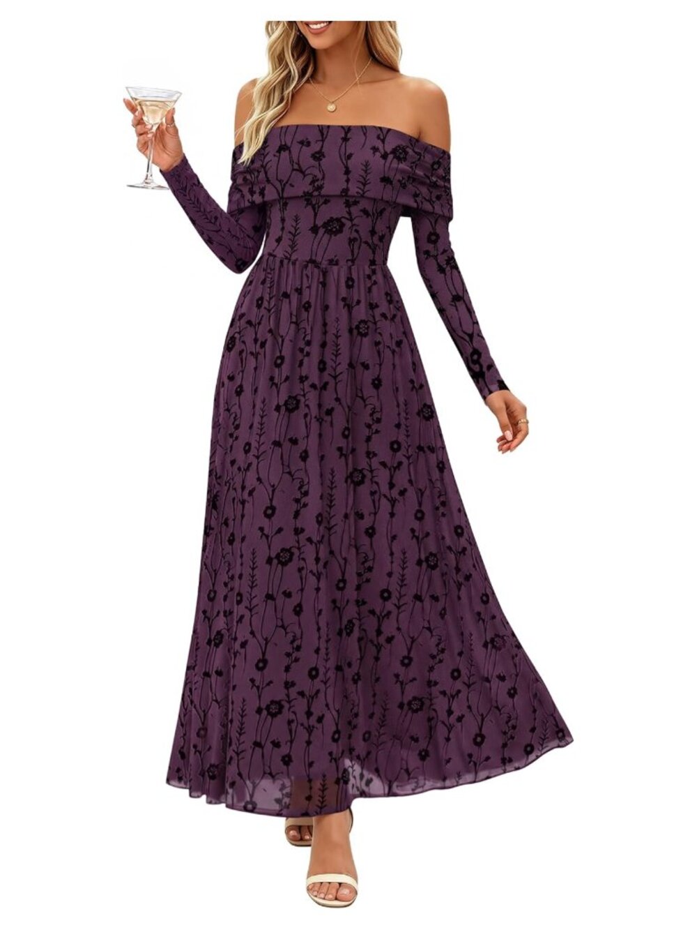 Womens Off Shoulder Floral Maxi Dress Long Sleeve Wedding Guest Formal